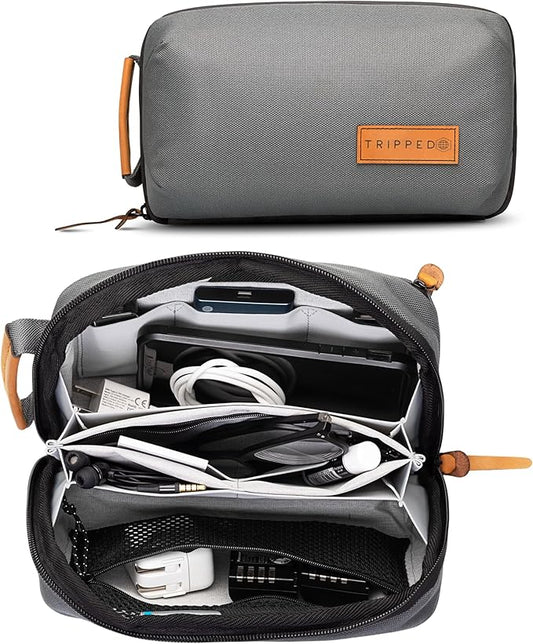 Tech Bag Organizer - Small Electronics Organizer Pouch for Travel - Premium Travel Case with Leather Accents - Mesh Pocket for Cables, Cords and Chargers (Grey)
