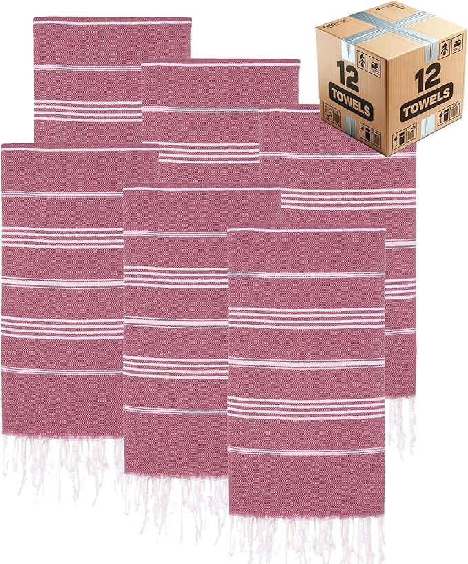 Turkish Beach Towels, Bulk Case of 12 | Oversized, Quick Dry, Sand Free | 100% Cotton, Large 38x71 Towels for Beach, Pool, Travel | Ultra-Soft, Compact, Absorbent | Burgundy