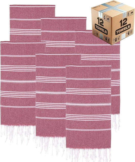 Turkish Beach Towels, Bulk Case of 12 | Oversized, Quick Dry, Sand Free | 100% Cotton, Large 38x71 Towels for Beach, Pool, Travel | Ultra-Soft, Compact, Absorbent | Burgundy