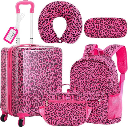 Redbaker 6 Pcs Kids Luggage Set 17 Inch Kids Rolling Luggage Double Pattern Suitcase for Girls Boys School Gift(Hot Pink,Leopard Print Style)