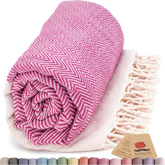 Bazaar Anatolia Turkish Beach Towel 100% Cotton Bath Towels 71x39 Quick Dry Sand Free Lightweight Large Oversized Herringbone Hot Pink Fuscia