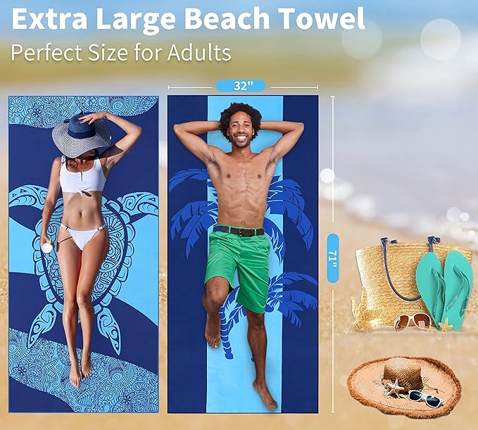 6 Pack Lightweight Thin Beach Towel Oversized 71"x32" Big Extra Large Microfiber Sand Free Towels for Adult Quick Dry Travel Camping Beach Accessories Gift Turtles Tie Dye Coconut Tree Mandala Stripe