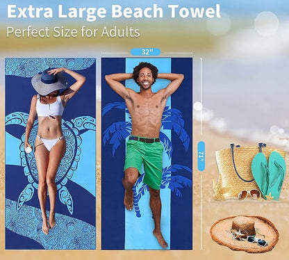 6 Pack Lightweight Thin Beach Towel Oversized 71"x32" Big Extra Large Microfiber Sand Free Towels for Adult Quick Dry Travel Camping Beach Accessories Gift Turtles Tie Dye Coconut Tree Mandala Stripe