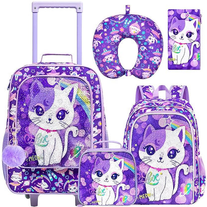 5PCS Kids Suitcase Set for Girls, Cute Sequins Cat Rolling Luggage, Travel Carry-On for Toddlers & Elementary Children