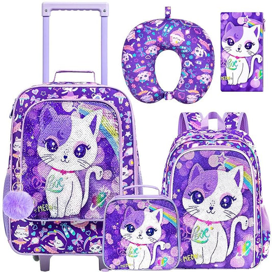 5PCS Kids Suitcase Set for Girls, Cute Sequins Cat Rolling Luggage, Travel Carry-On for Toddlers & Elementary Children