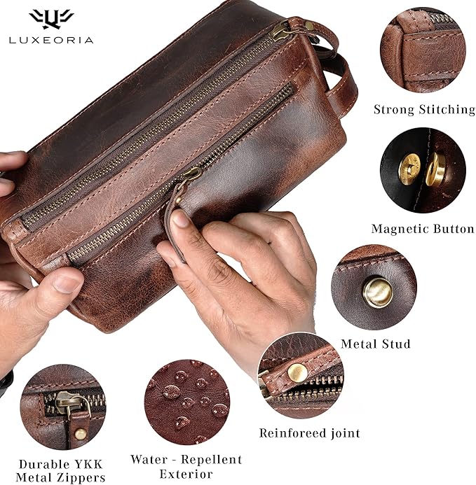 LUXEORIA Genuine Leather Toiletry Bags for Men and Women, Handmade Premium Leather Dopp Kit and Shaving Bag, Cosmetic Bag for Womens and Mens, Travel Essentials & Organizers
