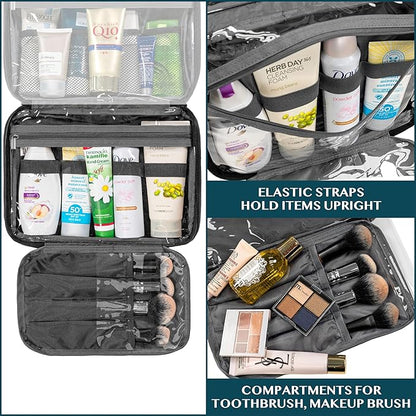 PAVILIA Hanging Toiletry Bag Women Men, Foldable Cosmetic Organizer Travel Bag, Water Resistant Makeup Bag Toiletries, Large Travel Essentials Kit (Black)