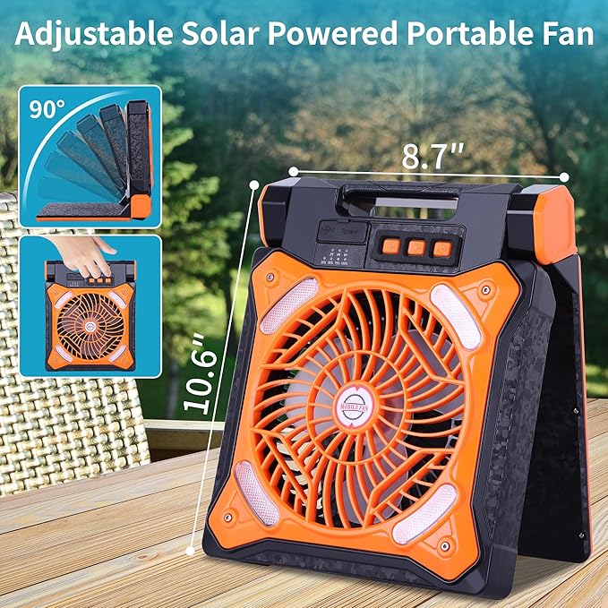 Solar Fan Battery Powered Rechargeable Solar Camping Fan with Led Lantern Power Bank Foldable Angle USB Personal Fans for Travel Outdoor CampingTents camping essentials X98 Orange