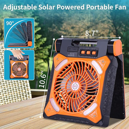 Solar Fan Battery Powered Rechargeable Solar Camping Fan with Led Lantern Power Bank Foldable Angle USB Personal Fans for Travel Outdoor CampingTents camping essentials X98 Orange