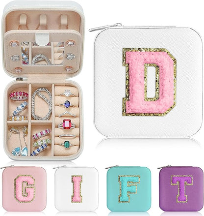 Parima White Jewelry Box for Women - Personalized Travel Chenille Letter Patches Jewelry Case, Multifunctional, Includes Ring Holder, Necklace Pocket - Ideal Birthday Gift
