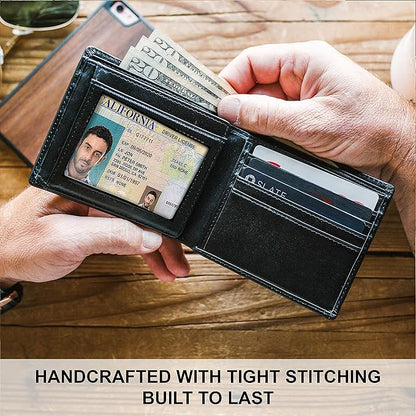 Top Grain Leather Wallet for Men | RFID Blocking | Extra Capacity Bifold Wallet with 2 ID Windows | Ultra Strong Stitching | Slim Billfold with 8 Card Slots | Gift for Him