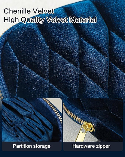 Small Travel Jewelry Case, Mini Travel Jewelry Bag with Zipper, 5-Layer Velvet Organizer Pouch for Bracelet Rings Earrings - Diamond Stitched Velvet BarbiePink