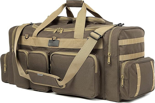 K-Cliffs Tactical Range Duffel Heavy Duty Large Gear Duffle Durable Quality Travel Sports Gym Equipment Bag Military Molle with Lockable Zippers with US Flag Patch 33 Inch Khaki