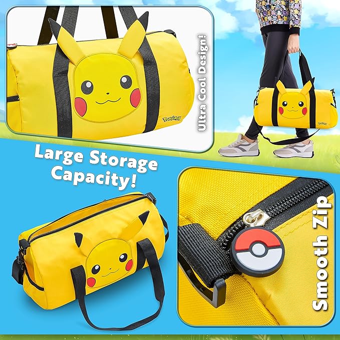 Pokemon Duffel Bag for Kids, Gym Bag Overnight Pikachu Sports Kit Holdall Bag Hand Luggage Bag - Gifts for Boys (Yellow 3D Ears)