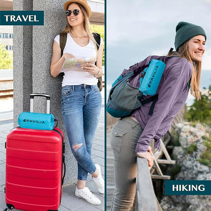 PAVILIA Travel Blanket Airplane Compact with Bag, Soft Packable Plane Blanket Kids Adults, Portable Camping Flight Essentials, Travelers Gifts Accessories, Luggage Backpack Strap, 65x40 Teal Blue