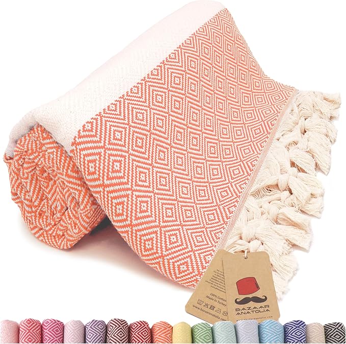 Bazaar Anatolia Turkish Beach Towel – 100% Cotton, Quick Dry, Sand Free Towel for Bathroom, Camping, Travel, Orange – Oversized 71x39 Inches – Diamond Orange