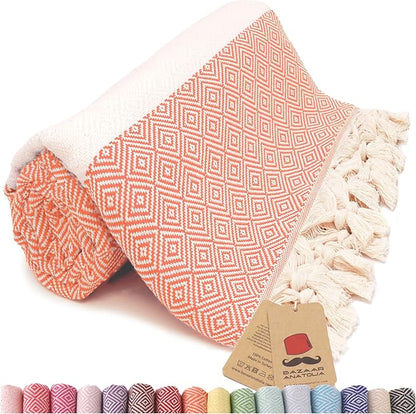 Bazaar Anatolia Turkish Beach Towel – 100% Cotton, Quick Dry, Sand Free Towel for Bathroom, Camping, Travel, Orange – Oversized 71x39 Inches – Diamond Orange