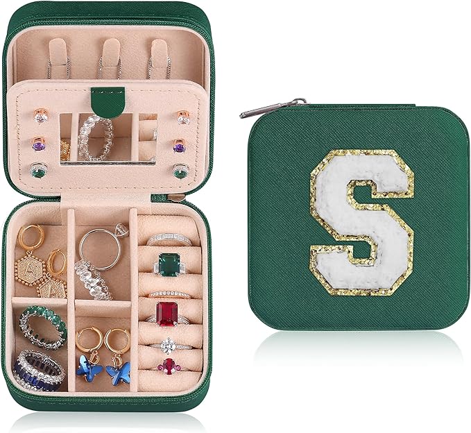 Parima Christmas Stocking Stuffers Bridal Shower Gifts for Women, Bridesmaid Gifts for Women | Wedding Travel Essentials Small Jewelry Box | Travel Jewelry Case - Letter S, Green