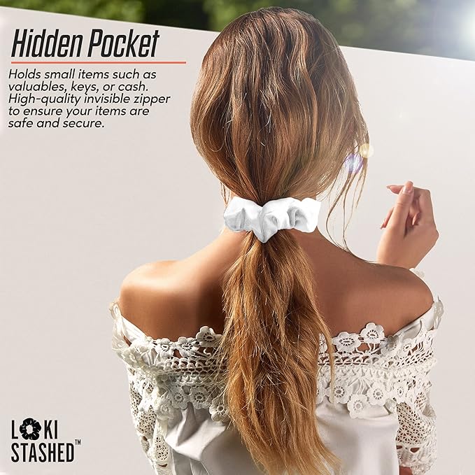 3-PACK Velvet Hair Tie Scrunchies for VSCO Girls & Women, THE ORIGINAL HIDDEN POCKET SCRUNCHIE with Zipper Pocket Storage, Accessories, Small Items, Keys, Money - Triple White Set