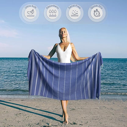 Turkish Beach Towel Compact & Luxury Extra Large (39" x 71") - Quick Dry, Versatile and Functional as Yoga Mat, Airplane and Travel Blanket, Bath and Body Towels - Sax Blue