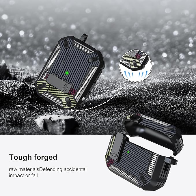 RFUNGUANGO for AirPods Pro 2nd Gen Case with Cleaning Kit, Military Hard Case Protective Armor with Lock, for AirPod Gen 2 Charging Case (2023/2022/2019, 2nd Gen/1st Gen), Carbon Fiber Ash
