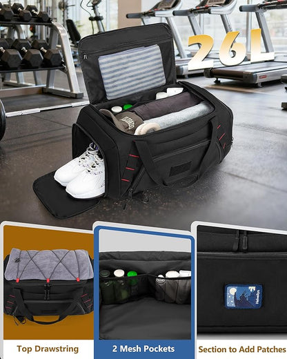 26L Gym Duffle Bag with Backpack Straps, Shoe Compartment and Wet Pocket, Small Duffle Bag for Travel and Sports, Black