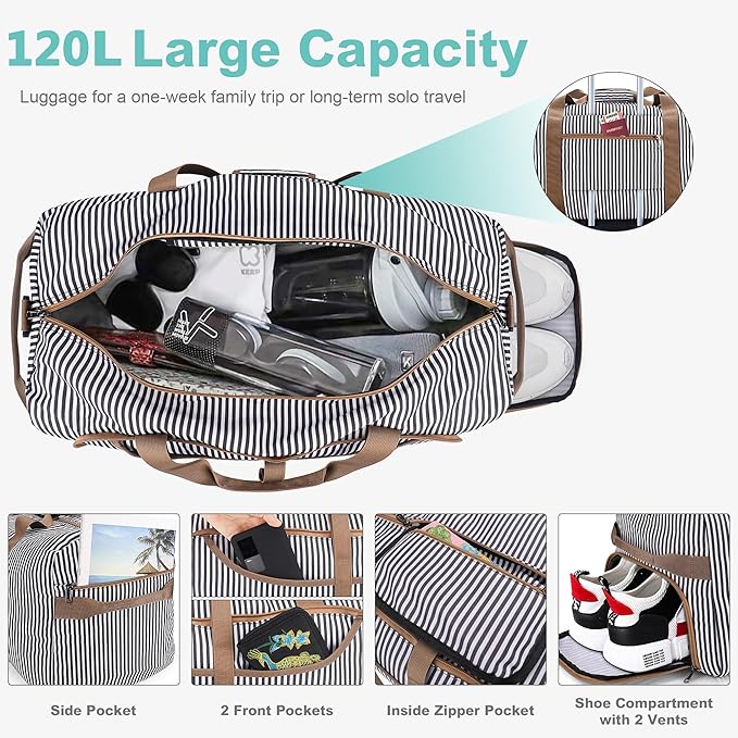120L Duffle Bag for Travel, Large Foldable Waterproof Travel Duffel Bags Weekender Overnight Bag for Men and Women with Shoe Compartment (Stripe)