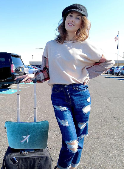 BlueHills Travel Blanket Pillow in Mini Soft Case Premium Plush Airplane Blanket in Soft Bag Compact Pack with Luggage Belt and Backpack Clip Airline Car 2 in 1 Traveler Essentials - Teal Blue M03