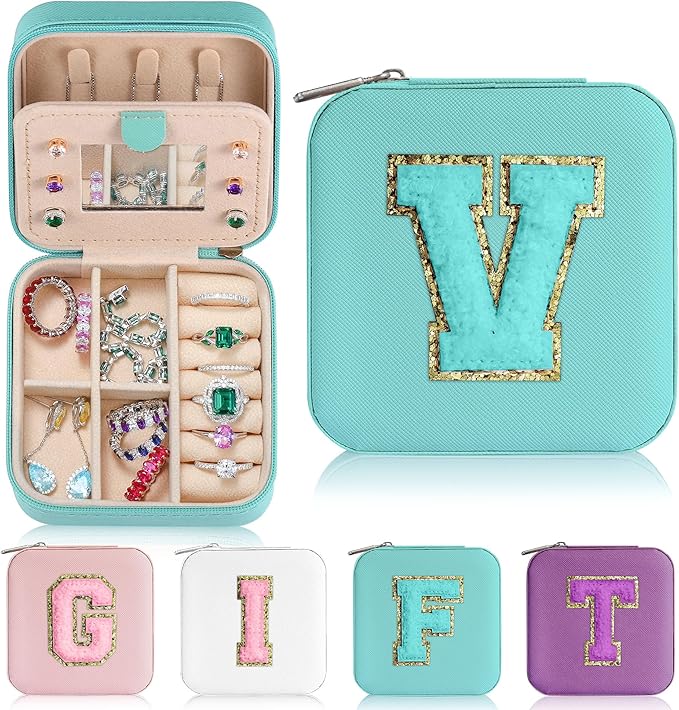 Parima Travel Jewelry Organizer Box - Small Case for Women, Mini Jewelry Box - Letter V, Aqua Blue