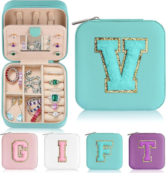 Parima Travel Jewelry Organizer Box - Small Case for Women, Mini Jewelry Box - Letter V, Aqua Blue