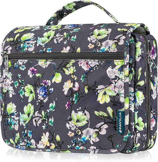 PAVILIA Hanging Toiletry Bag Women Men, Foldable Cosmetic Organizer Travel Bag, Water Resistant Makeup Bag Toiletries, Large Travel Essentials Kit (Grey Floral)