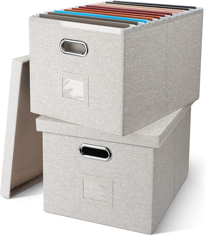 File Organizer Box, Collapsible Storage Filling Collectior with Lid for Letter Legal Size Hanging Folders Decorative Linen File Folder Box Document Storage Filing Bin, Beige 2 Pack
