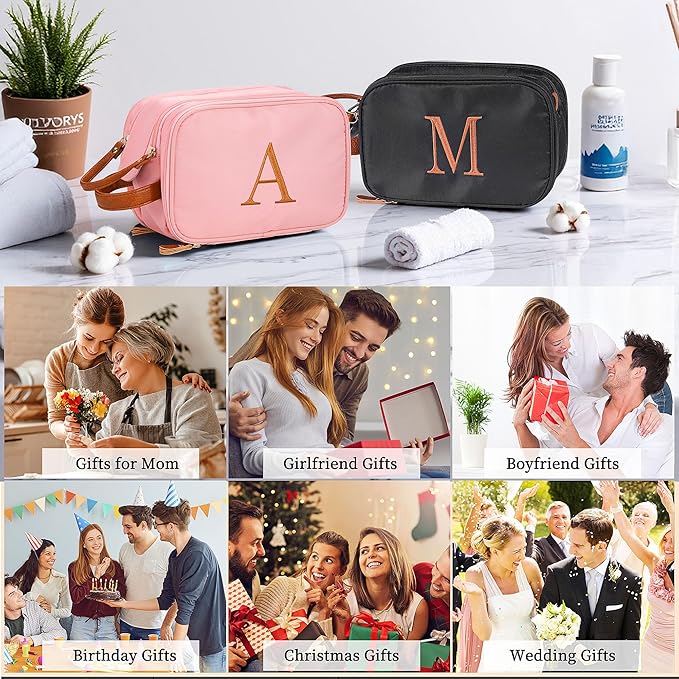 YOOLIFE Pink Letter Toiletry Bag - Travel Toiletry Bags for Women, Monogrammed Makeup Bag, Airplane Travel Essentials, Personalized Gifts for Women Her Teen Girls, Toiletries Letter R Pink