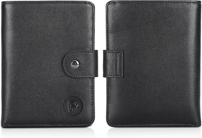 Polare Luxury RFID Blocking Leather Passport Holder Travel Wallet For Men and Women (Black with AirTag Slot(Snap Version))