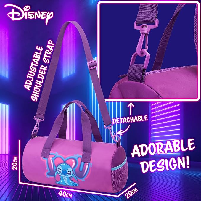 Disney Sports Duffel Bag, 15 x 7 x 7" Holdall 2 Pockets Adjustable Strap (Purple Stitch)