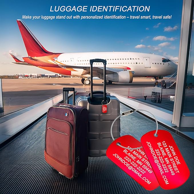 High Visibility Durable Anodized Aluminum Personalized Luggage Tag - 2 Pack, Customizable Travel ID Tag for Luggage, Golf Bags & More - Custom Luggage Tag (Red)