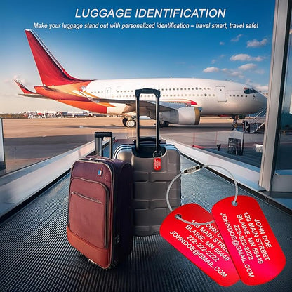 High Visibility Durable Anodized Aluminum Personalized Luggage Tag - 2 Pack, Customizable Travel ID Tag for Luggage, Golf Bags & More - Custom Luggage Tag (Red)