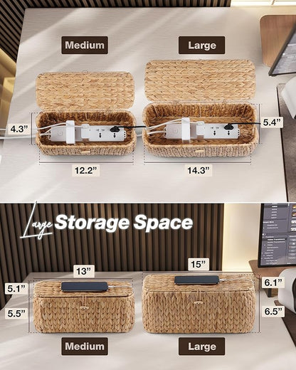 Large Cable Management Box, Natural Rattan Cable Cord Organizer Boxes for Power Strip – 2 Open Slots Cords Hider Box for TV Wires, Computer, Router, USB Hub and Under Desk Power Strip (Hyacinth)