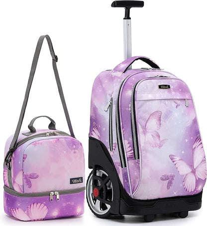 NEW TILAMI 19 Inch Rolling Backpack with Lunch Bag for Girls Boys Wheeled Laptop Backpack Durable Carry-on Bag School Travel, Evening Butterfly