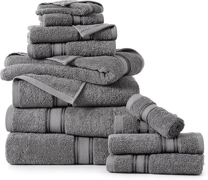 LANE LINEN Towel Set of 12 – 100% Mercerized Cotton, Zero Twist, 4 Large Bath Towel, 4 Hand Towels & 4 Wash Cloths, Quick Dry & Long-Lasting, Perfect for Family Bathrooms, Easy Care – Cool Grey