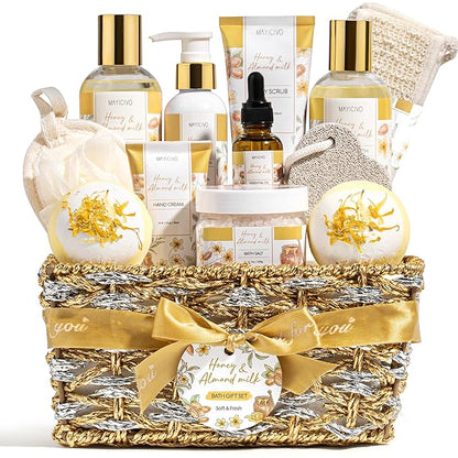 Christmas Birthday Gifts for Women, Honey & Almond Milk Relaxing Spa Gift Baskets for Women Self Care Package Bath Gift Set, Home Bath and Body Kit Pamper Gifts for Womens Mom Her Friends Sister Wife
