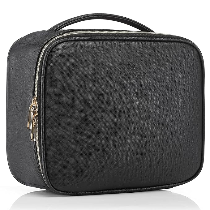 Vlando Medium Makeup Cosmetic Organizer Case Portable Storage Bag with Adjustable Dividers for Makeup Brushes Girls Women Friend Black