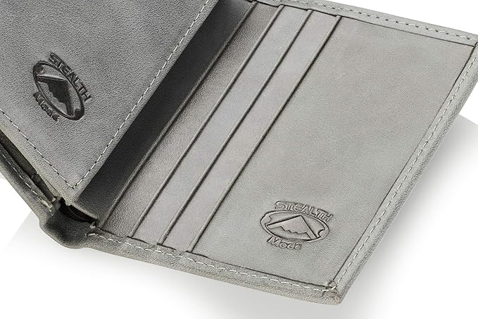 Stealth Mode Leather Trifold RFID Wallet For Men With Flip Out ID Holder (Grey)