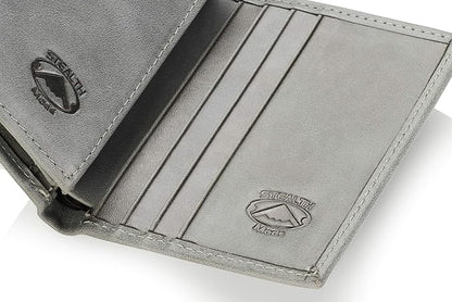Stealth Mode Leather Trifold RFID Wallet For Men With Flip Out ID Holder (Grey)