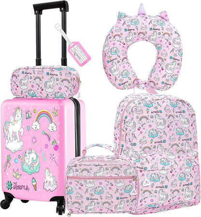 Redbaker 6 Pcs Kids Luggage Set 17 Inch Kids Rolling Luggage Double Pattern Suitcase for Girls Boys School Gift(Soft Pink,Unicorn)