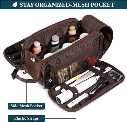 PAVILIA Large Toiletry Bag for Men Women, Mens Travel Bag Toiletries Organizer Case for Grooming, Travel Essentials Shaving Dopp Kit, PU Leather Water Resistant Cosmetic Pouch, Dark Brown