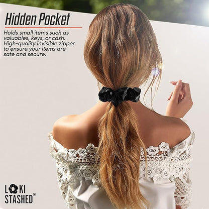 3-PACK Velvet Hair Tie Scrunchies for VSCO Girls & Women, THE ORIGINAL HIDDEN POCKET SCRUNCHIE with Zipper Pocket Storage, Accessories, Small Items, Keys, Money (Triple Black Set)