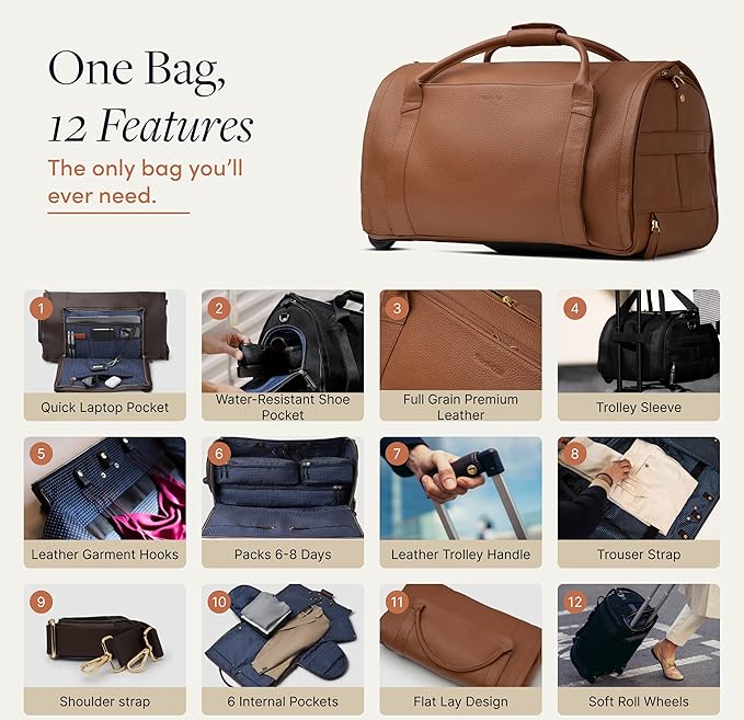 Wool & Oak - NOVA Large Duffle Bag with Wheels - Carry On Garment Duffle Bags for Travel, Overnight, Hospital - Travel Bags with Shoe Compartment & Tech Pocket - Gifts for Men (Leather, Sand)