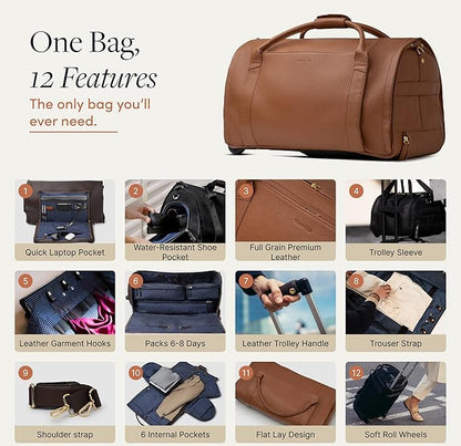 Wool & Oak - NOVA Large Duffle Bag with Wheels - Carry On Garment Duffle Bags for Travel, Overnight, Hospital - Travel Bags with Shoe Compartment & Tech Pocket - Gifts for Men (Leather, Sand)