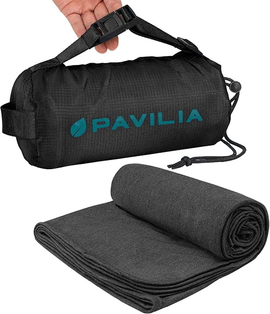 PAVILIA Travel Blanket Airplane Compact with Bag, Soft Packable Plane Blanket Kids Adults, Portable Camping Flight Essentials, Travelers Gifts Accessories, Luggage Backpack Strap, 65x40 Black